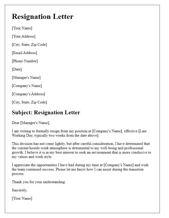 Letter template of resignation due to hostile work atmosphere