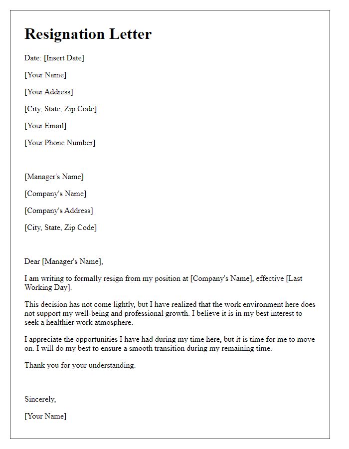 Letter template of resignation from a toxic workplace