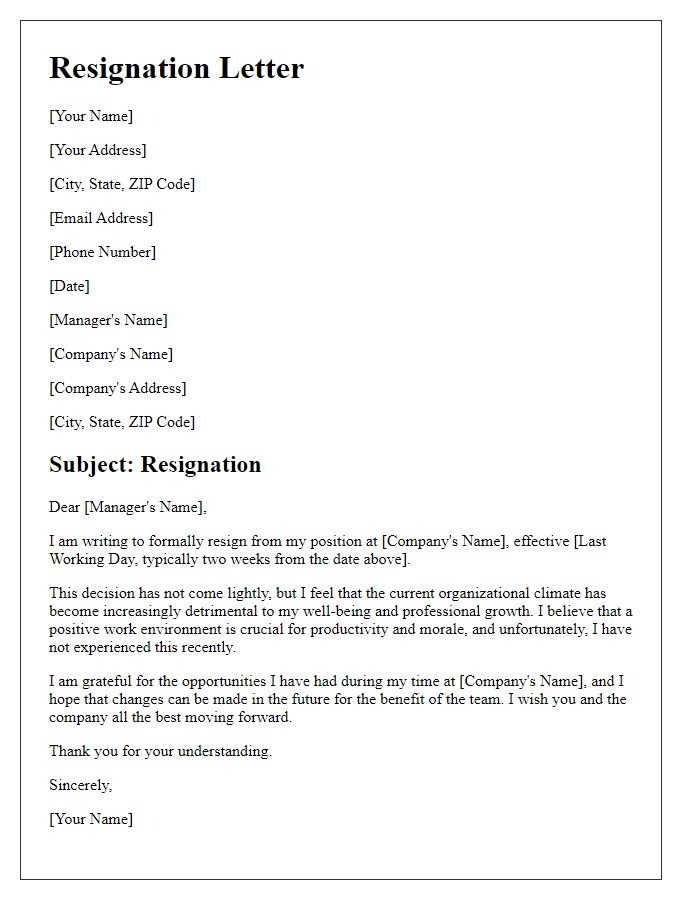 Letter template of resignation linked to detrimental organizational climate