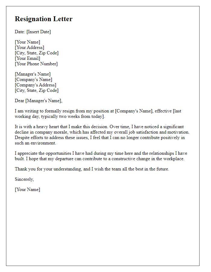 Letter template of resignation related to negative company morale