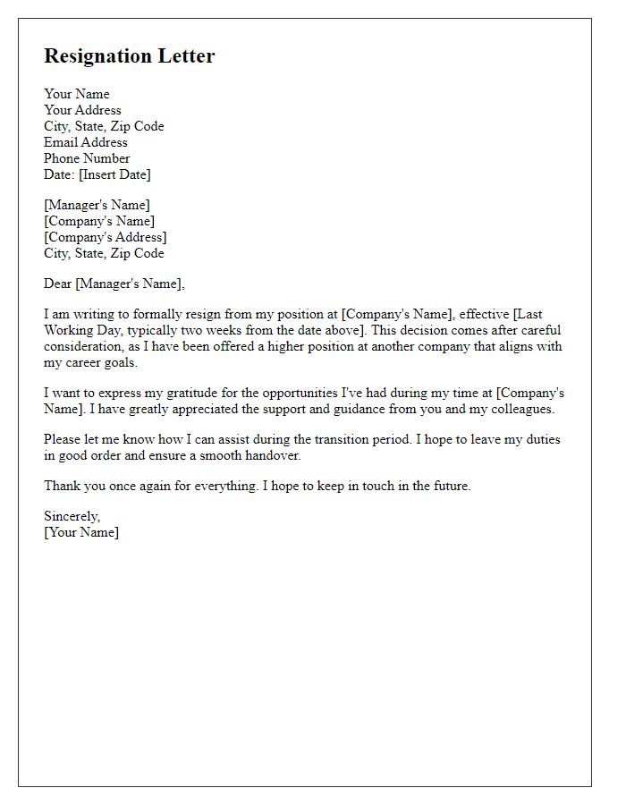 Letter template of resignation after being offered a higher position