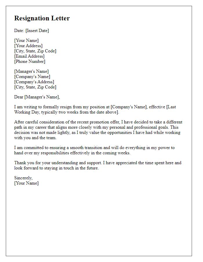 Letter template of resignation after contemplating a promotion offer