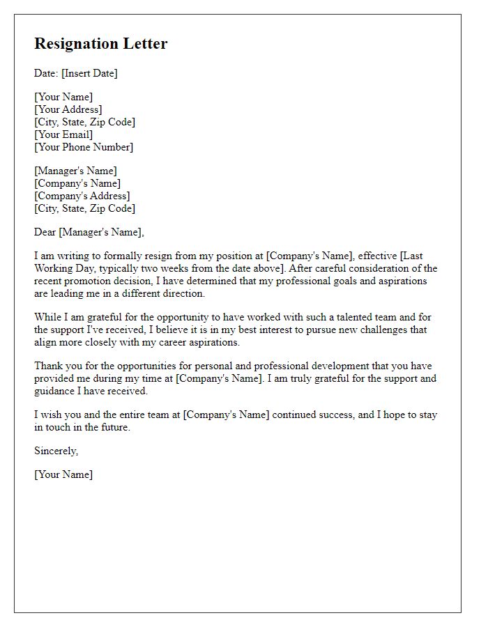 Letter template of resignation following a promotion decision