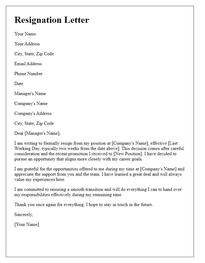 Letter template of resignation from a position after receiving a promotion