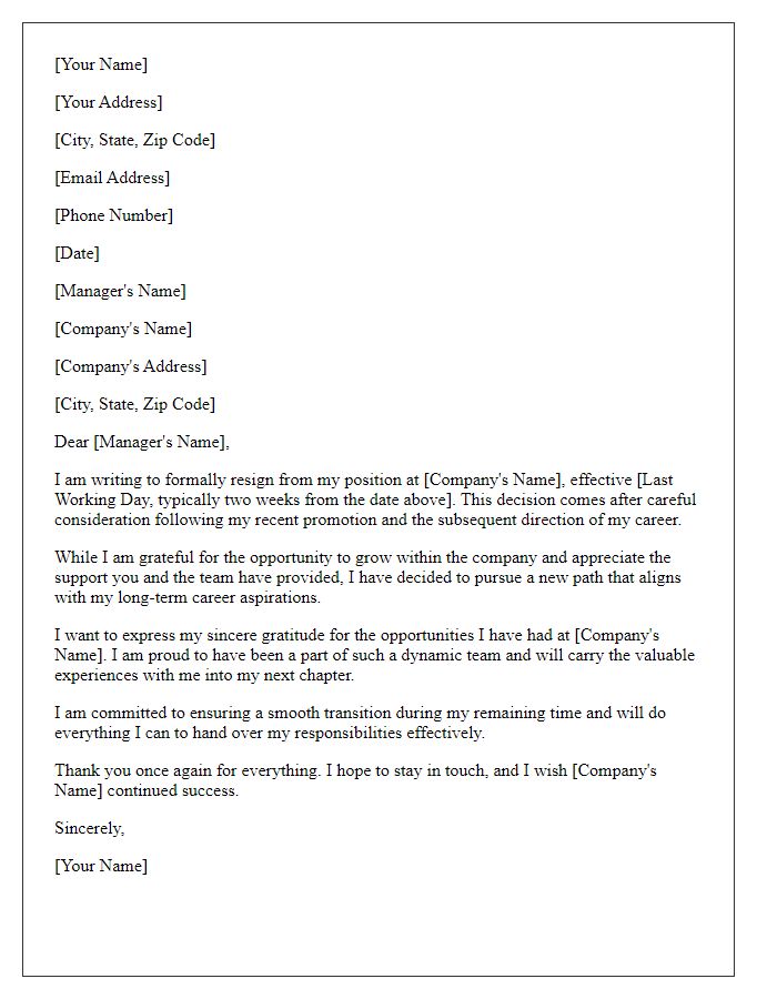 Letter template of resignation in response to a promotion and career shift