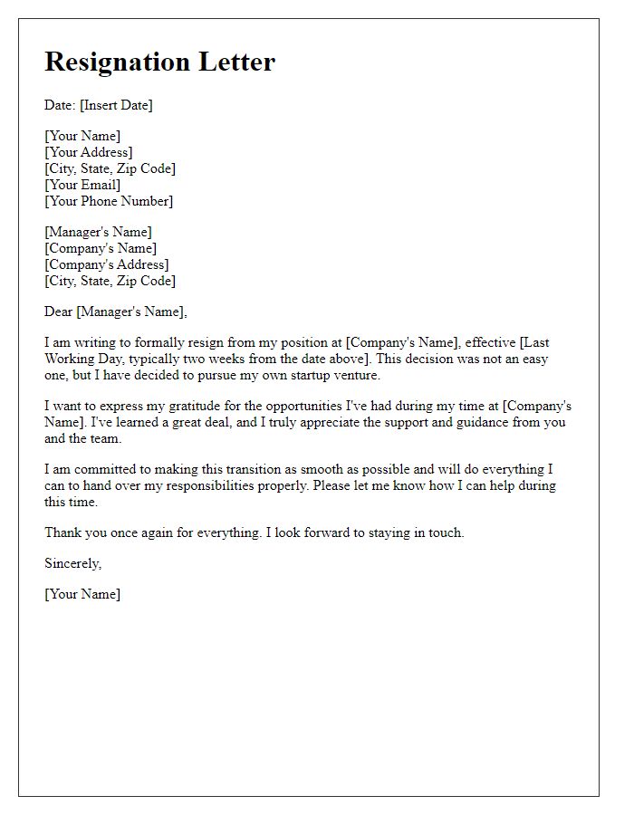 Letter template of resignation to create a startup.