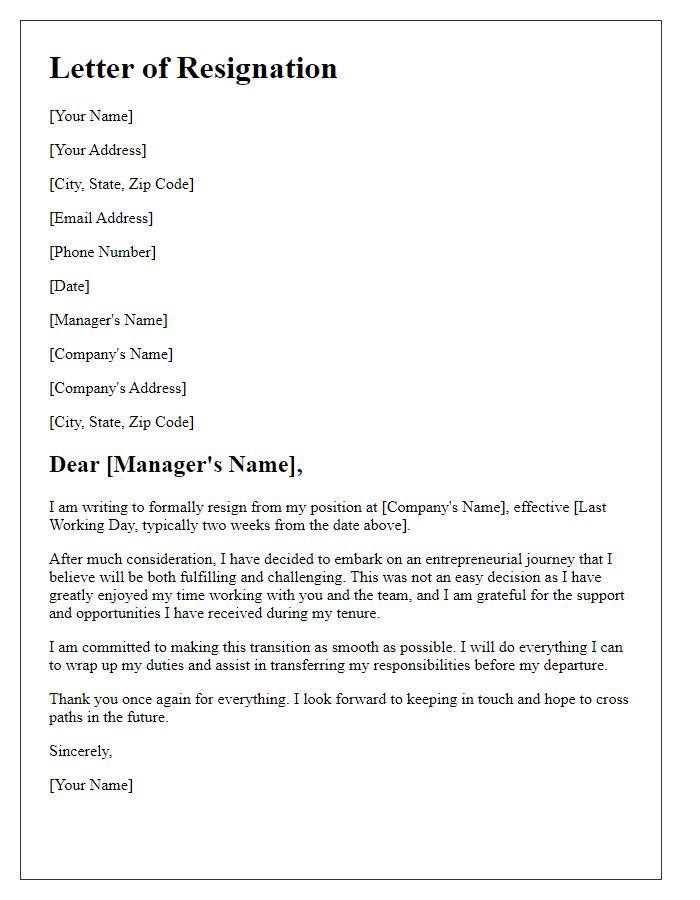 Letter template of resignation to embark on an entrepreneurial journey.