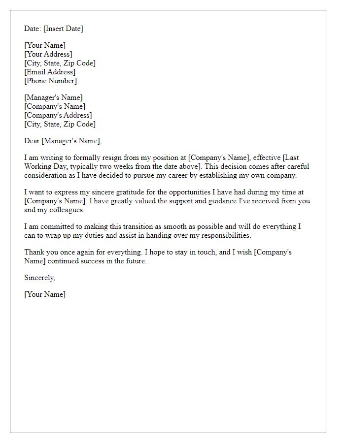 Letter template of resignation to establish my own company.