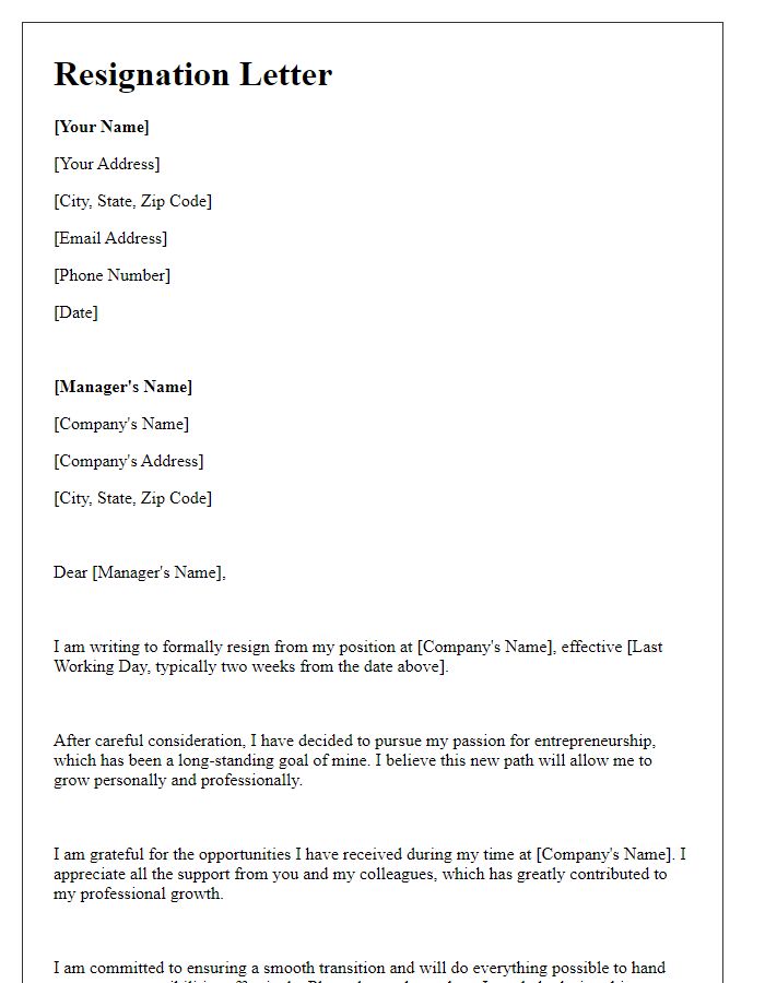 Letter template of resignation to pursue entrepreneurship.