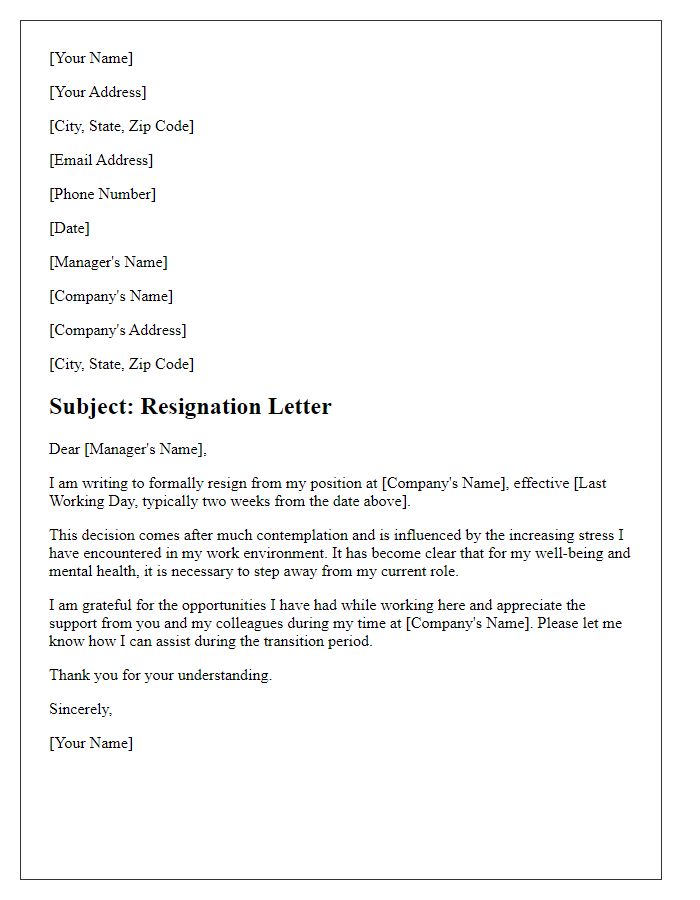 Letter template of resignation influenced by work-related stress.