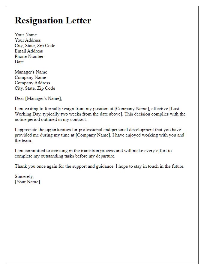 Letter template of resignation complying with contractual notice