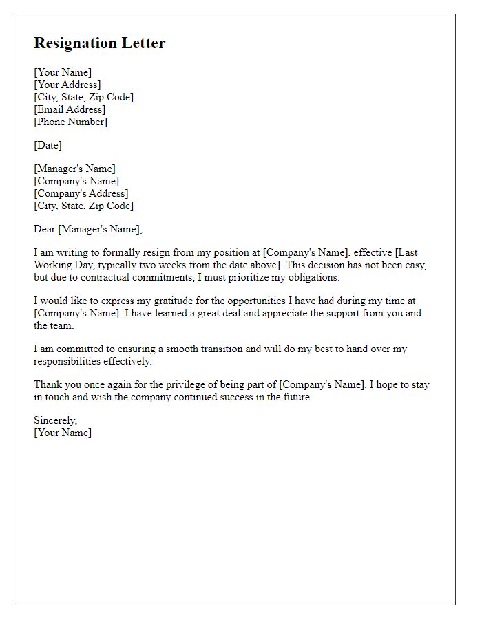 Letter template of resignation due to contractual commitments