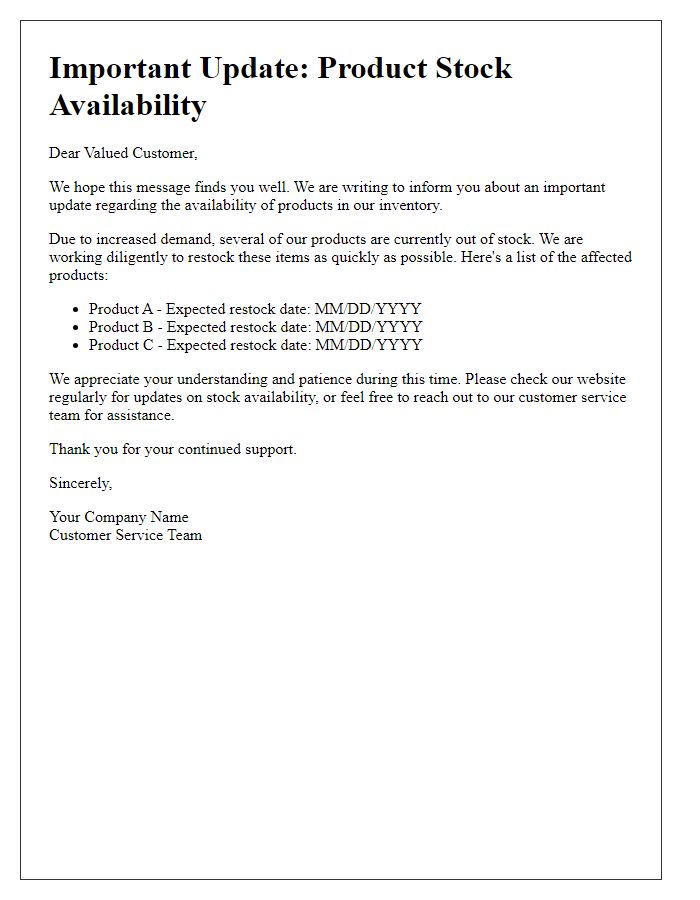 Letter template of Important Update: Product Stock Availability
