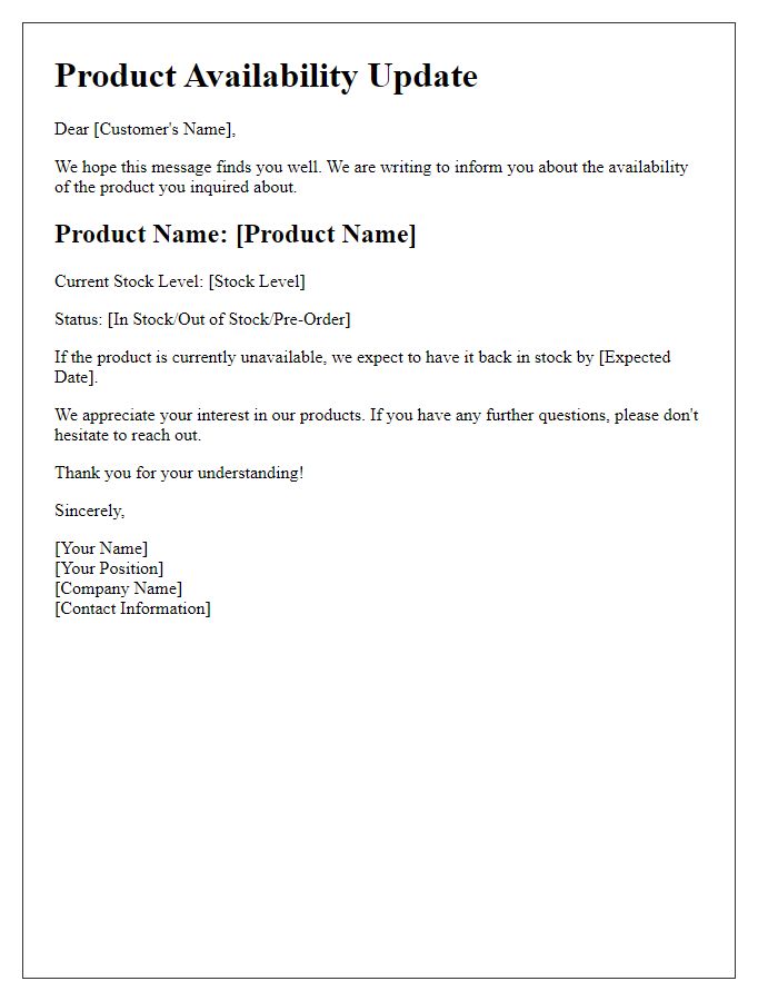 Letter template of Information About Product Availability and Stock Levels