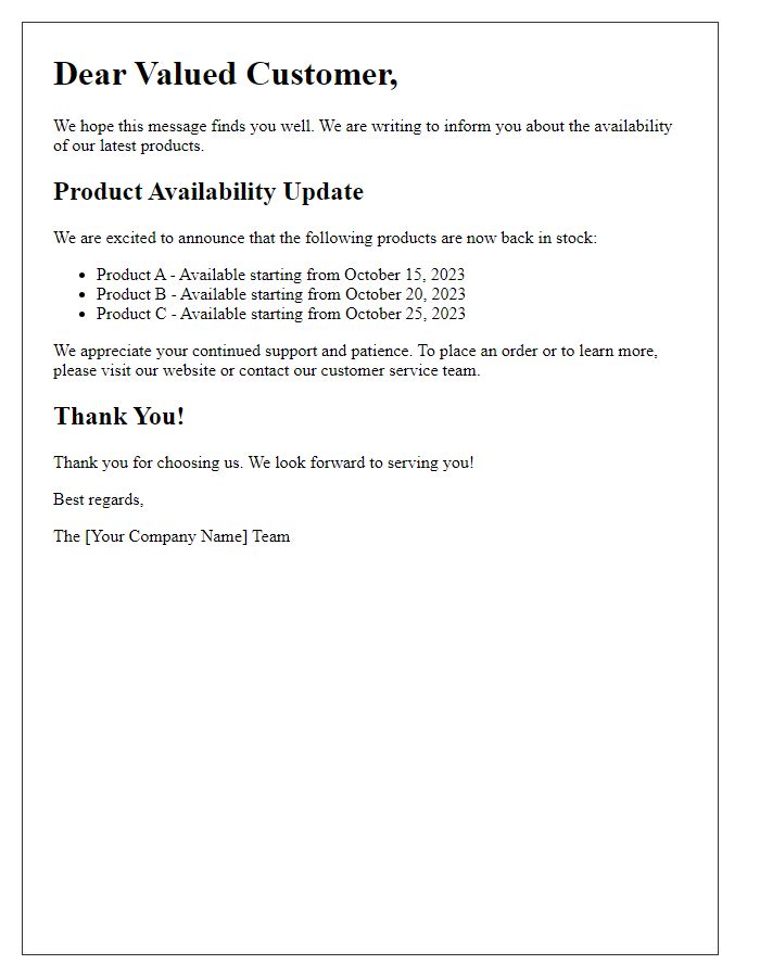 Letter template of Product Availability Update for Valued Customers