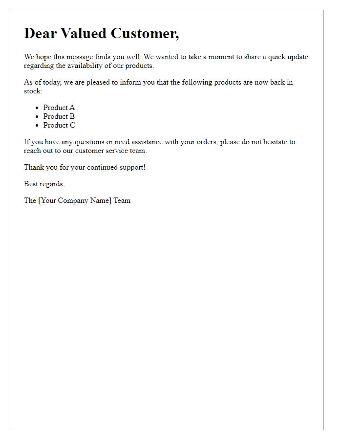 Letter template of Quick Update on Product Availability for Our Customers