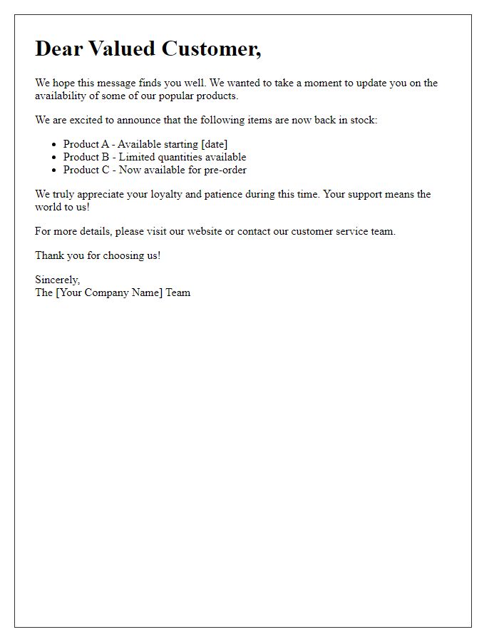 Letter template of Update on Product Availability for Our Loyal Customers