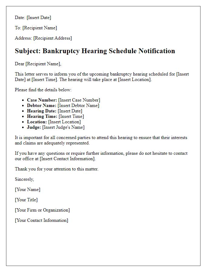 Letter template of bankruptcy hearing schedule for concerned parties