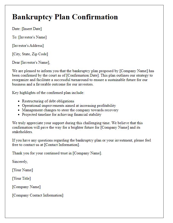 Letter template of bankruptcy plan confirmation for investors