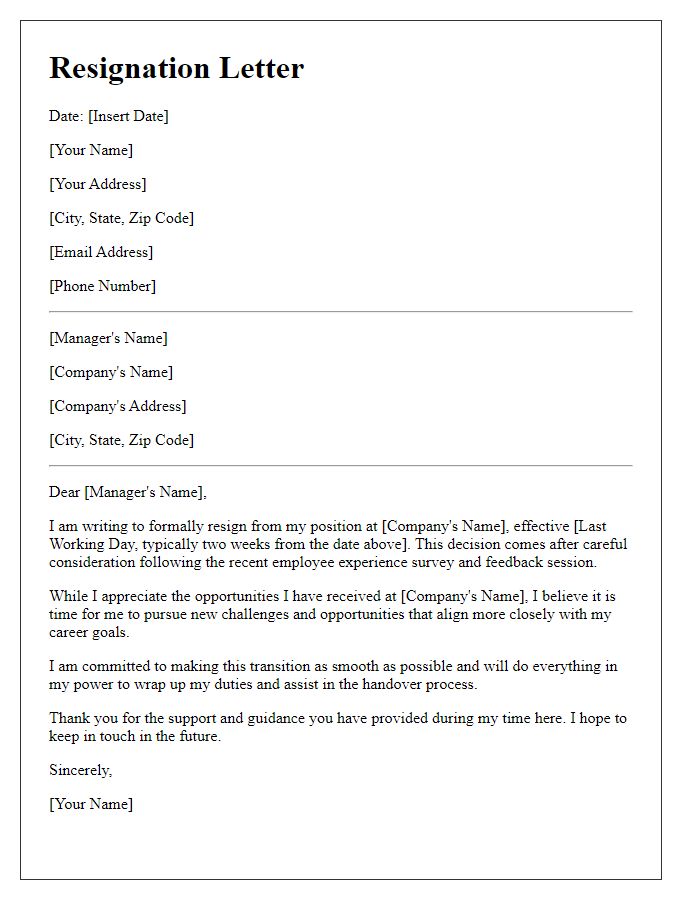 Letter template of resignation after employee experience survey.