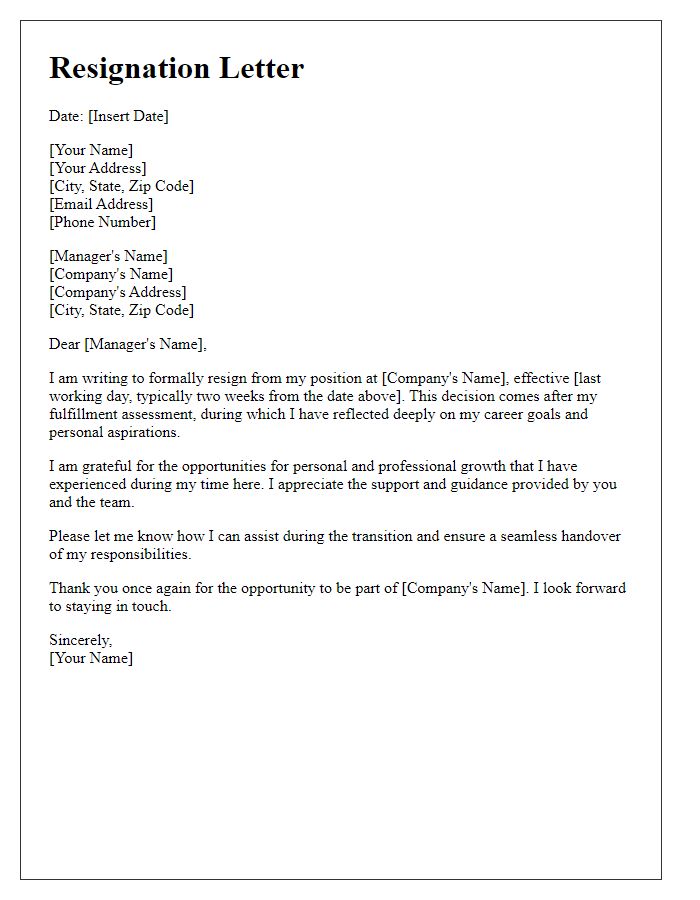 Letter template of resignation following fulfillment assessment.