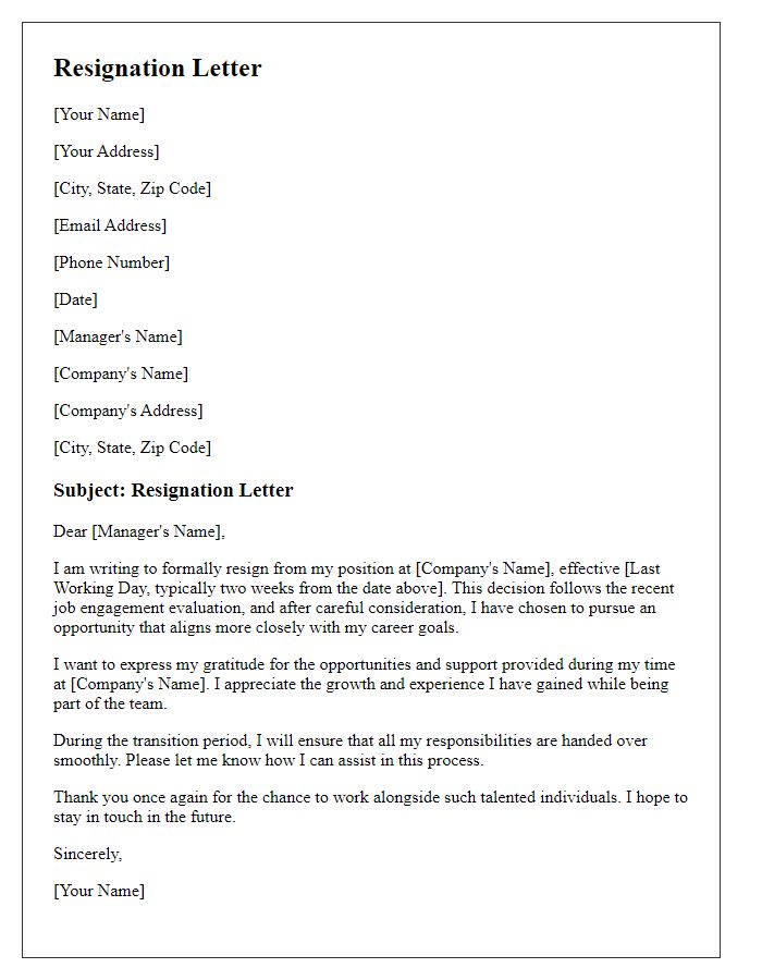 Letter template of resignation following job engagement evaluation.