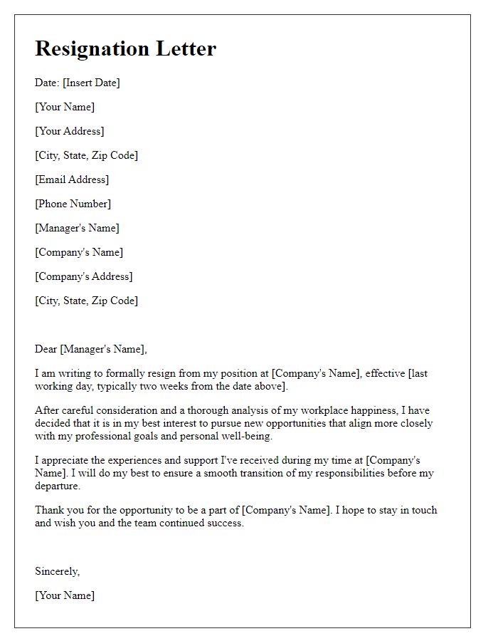 Letter template of resignation in light of workplace happiness analysis.