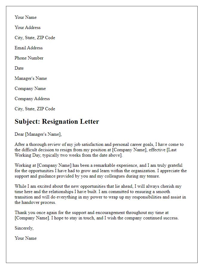 Letter template of resignation inspired by job satisfaction review.