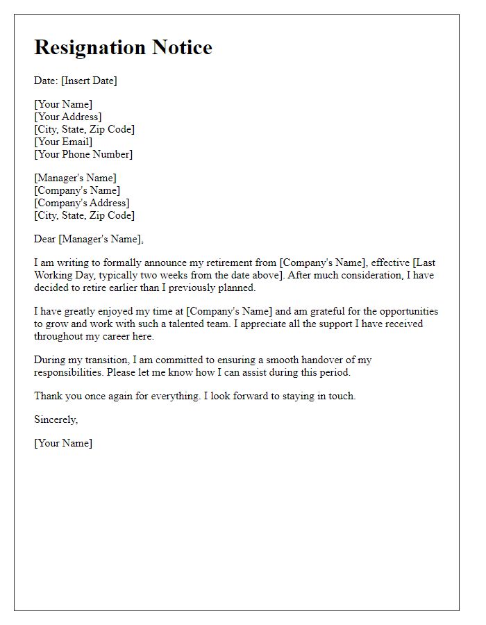 Letter template of early retirement resignation notice