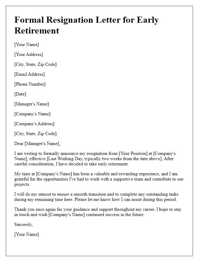 Letter template of formal resignation for early retirement