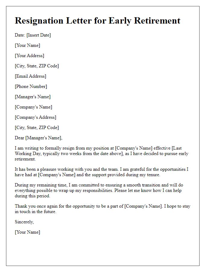 Letter template of professional resignation for early retirement