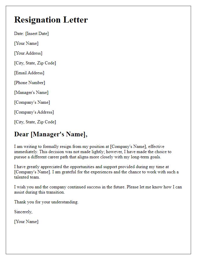 Letter template of immediate effect resignation for career change