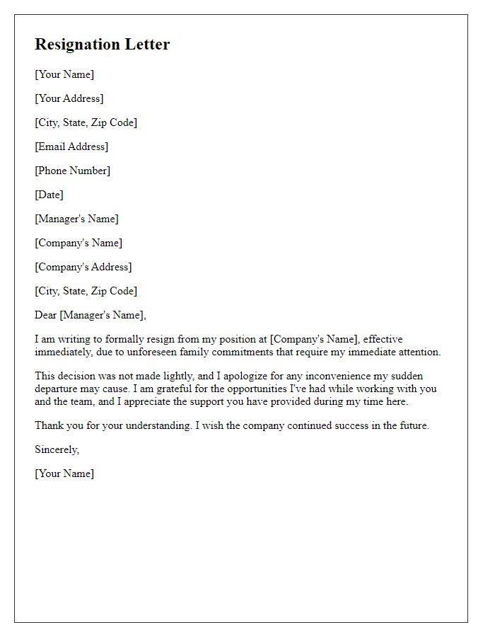 Letter template of immediate effect resignation for family commitments