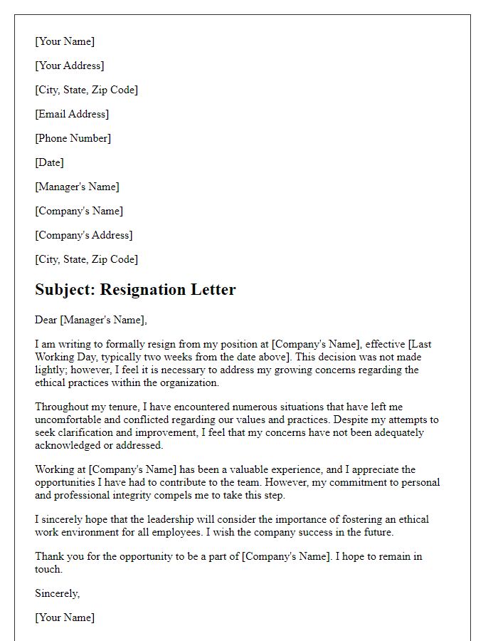 Letter template of resignation arising from concerns over ethical practices