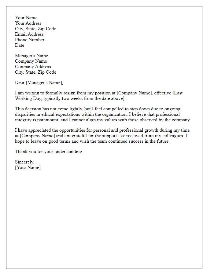 Letter template of resignation because of disparities in ethical expectations