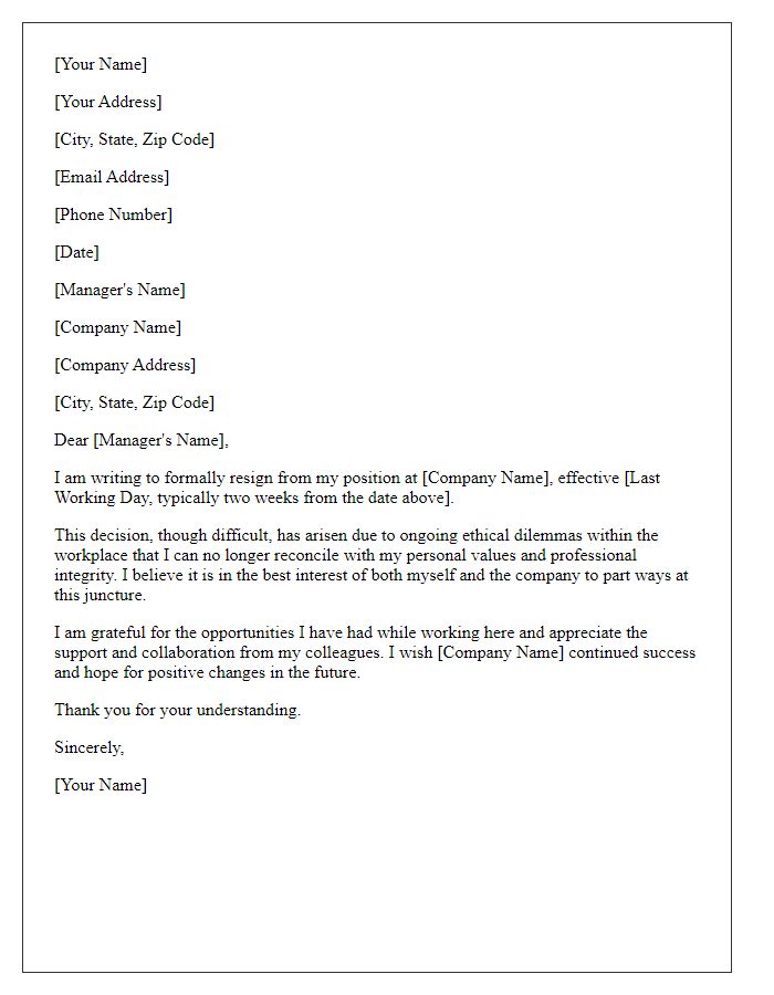 Letter template of resignation due to ethical dilemmas in the workplace