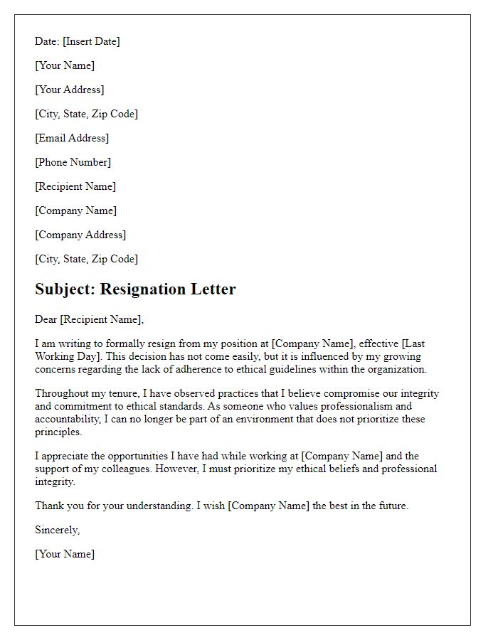 Letter template of resignation influenced by lack of adherence to ethical guidelines