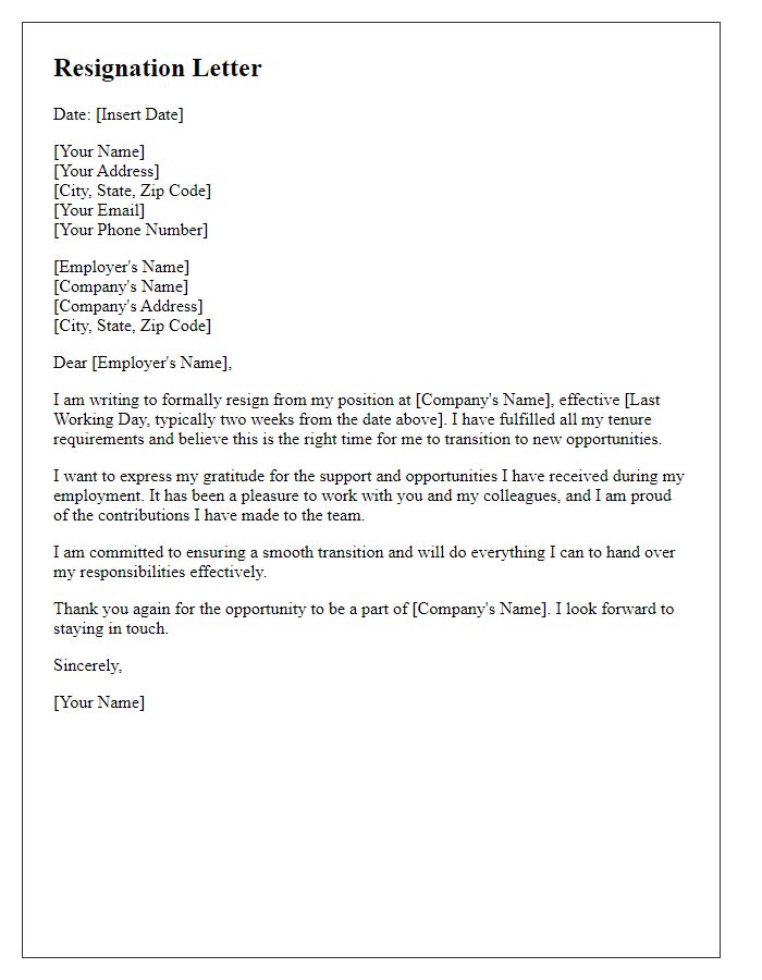 Letter template of resignation after fulfilling tenure requirements