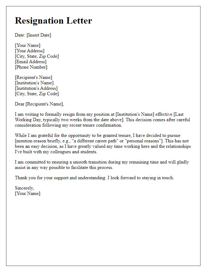 Letter template of resignation after receiving tenure confirmation