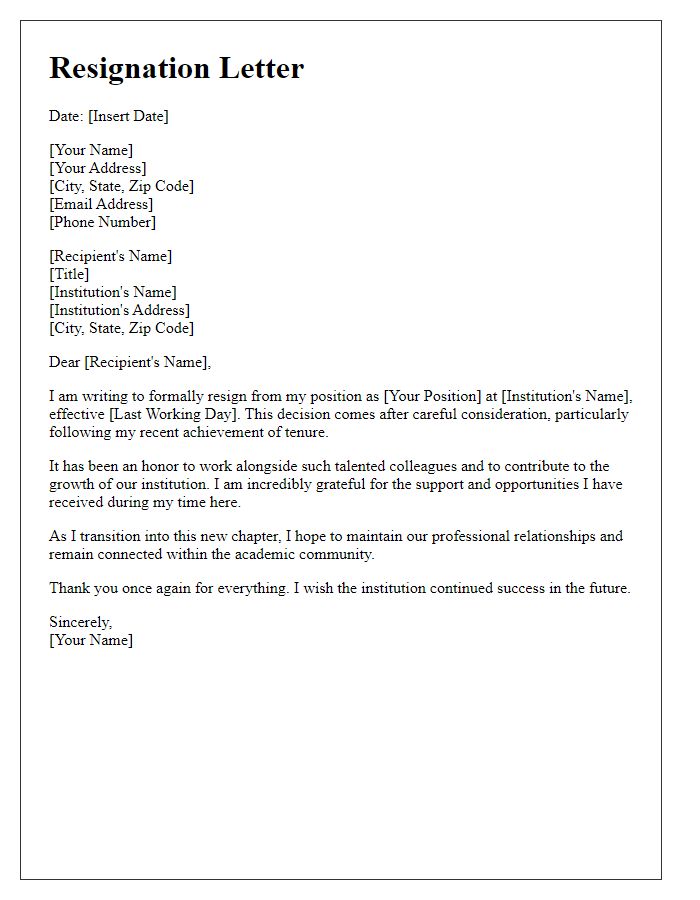 Letter template of resignation after securing tenure at the institution