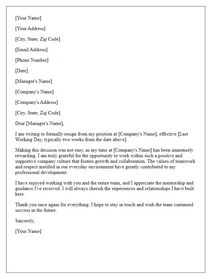 Letter template of resignation commending company culture