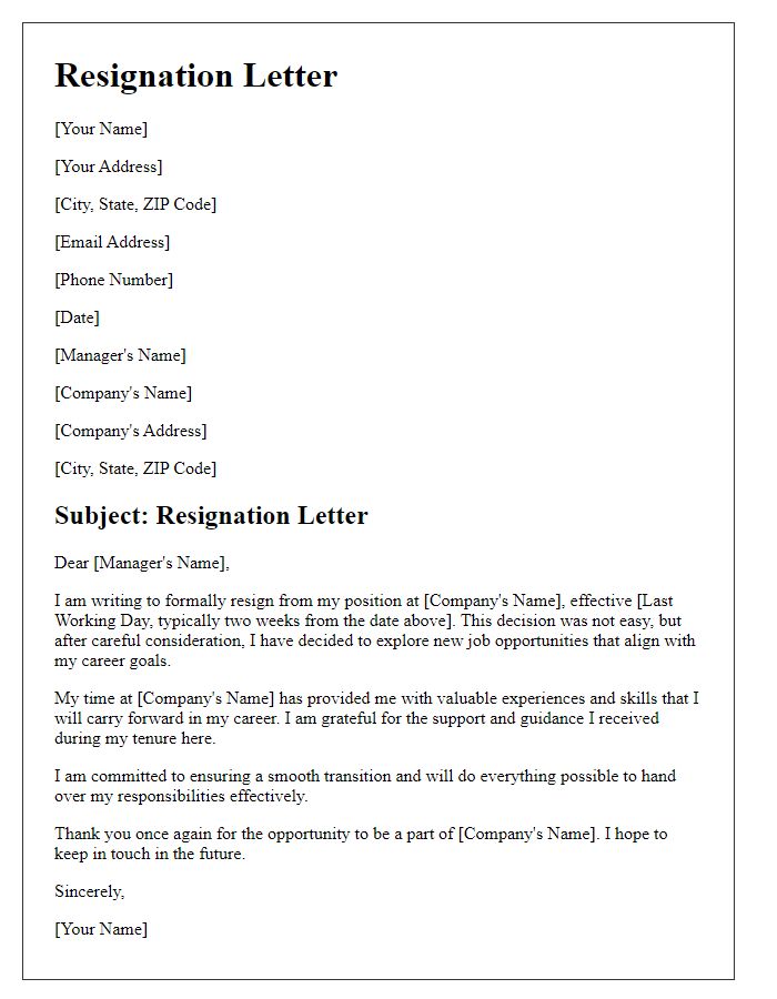 Letter template of resignation for exploring new job opportunities