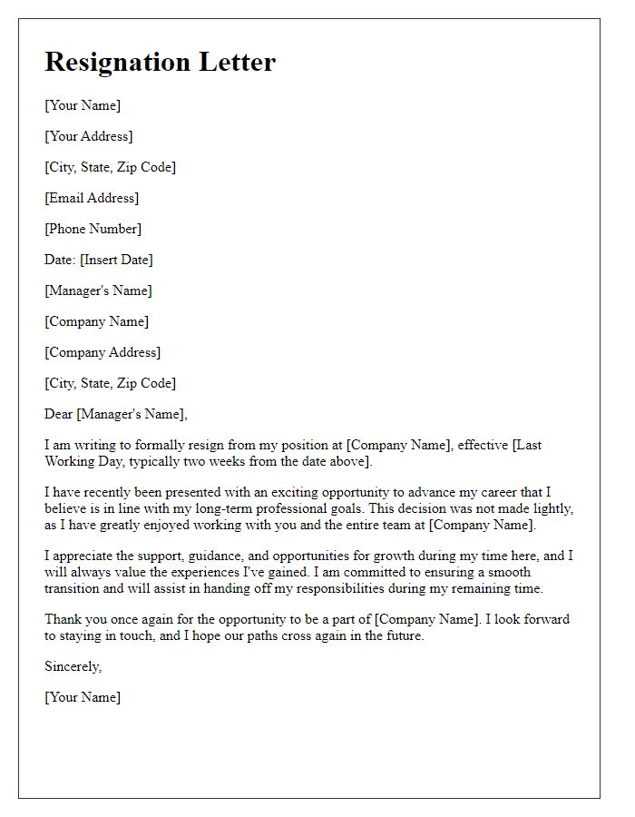 Letter template of resignation influenced by an exciting career advancement