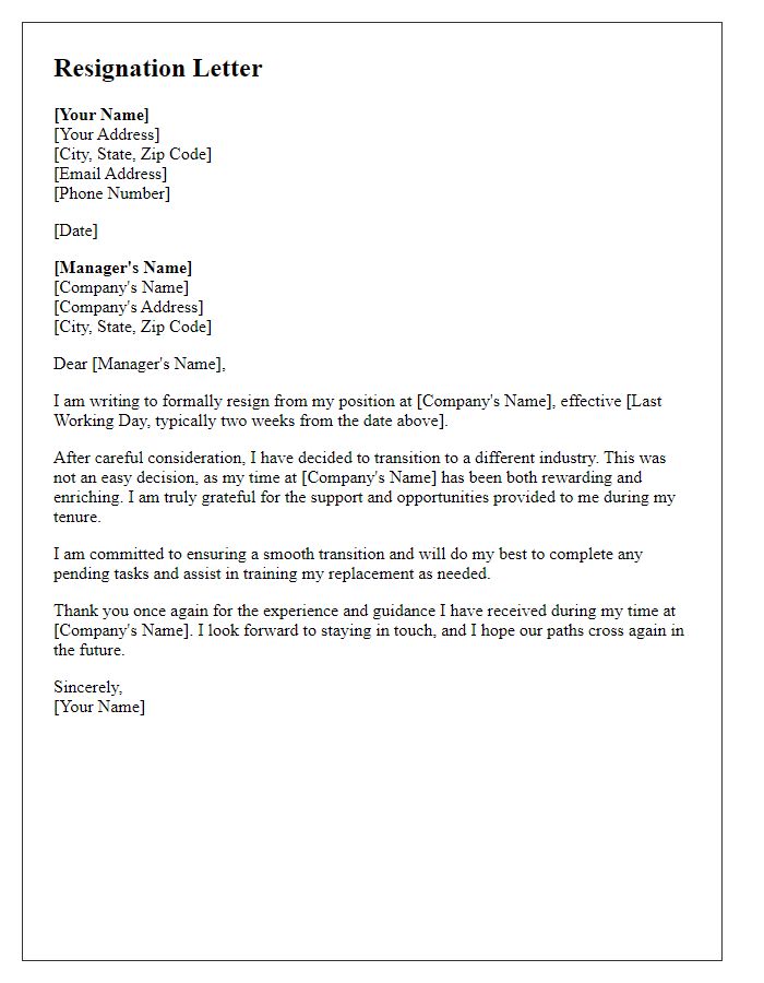 Letter template of resignation for a transition to a different industry