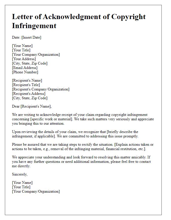 Letter template of acknowledgment of copyright infringement.