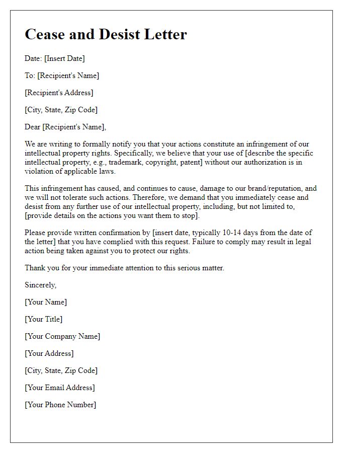 Letter template of cease and desist for IP infringement.