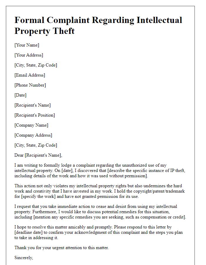 Letter template of formal complaint regarding intellectual property theft.