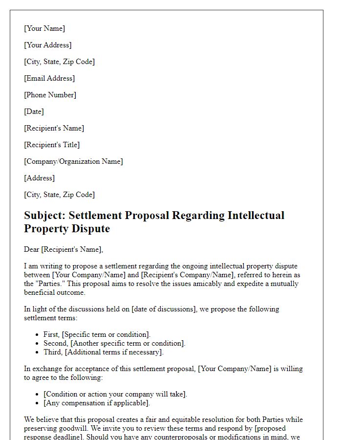 Letter template of settlement proposal for IP dispute.