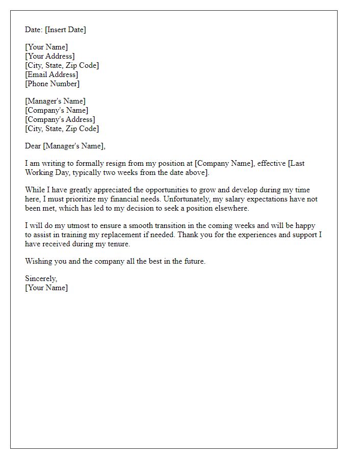 Letter template of resignation because of unmet salary expectations.