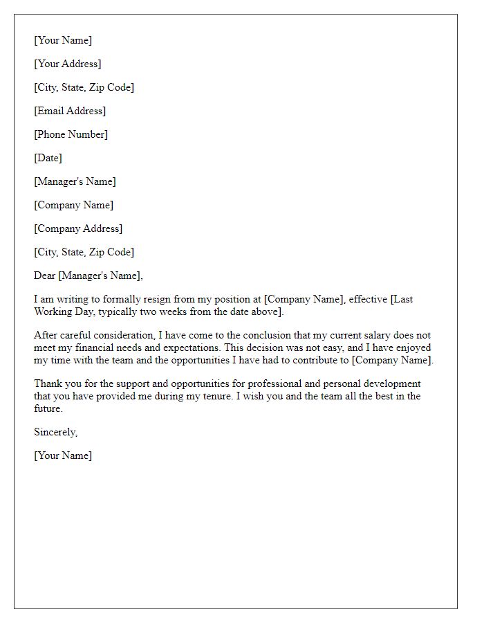 Letter template of resignation due to inadequate salary.